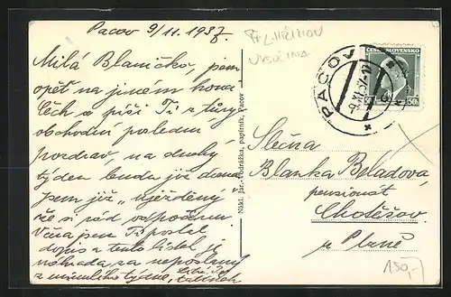 AK Pacov, Strassenpartie mit Gebäudeansicht