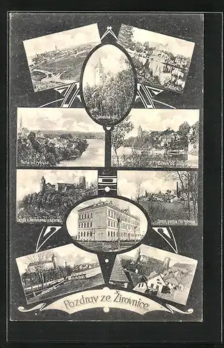 AK Zirovnice, Celkový pohled, Zamek, Partie od rybnika, Skola