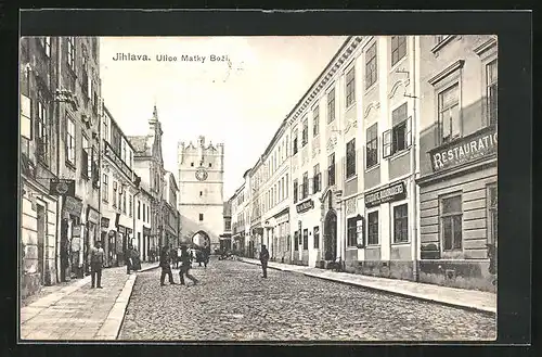 AK Jihlava, Ulice Matky Bozi, Restaurant Karl Kren, Litografie Buchdruckerei