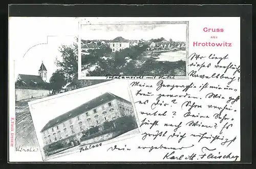 AK Hrottowitz, Strassenpartie mit Kirche, Totalansicht