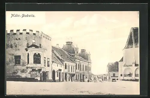 AK Mähr.-Budwitz, Strassenpartie mit Geschäften