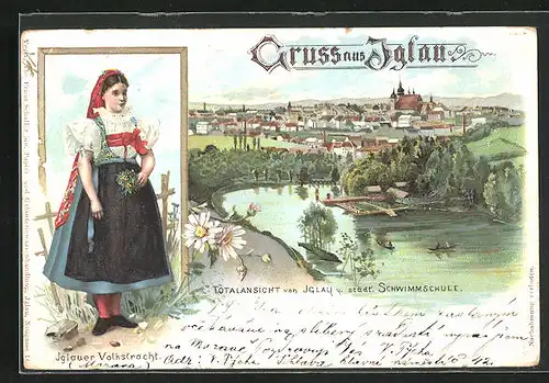 Lithographie Iglau, Totalansicht und städtische Schwimmschule, Iglauer Volkstracht