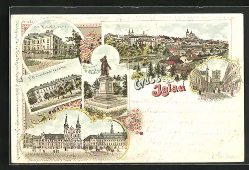 Lithographie Iglau, K.K. Landwehrkaserne, Minoritenkirche und Frauenthor, Kaiser Josef Denkmal