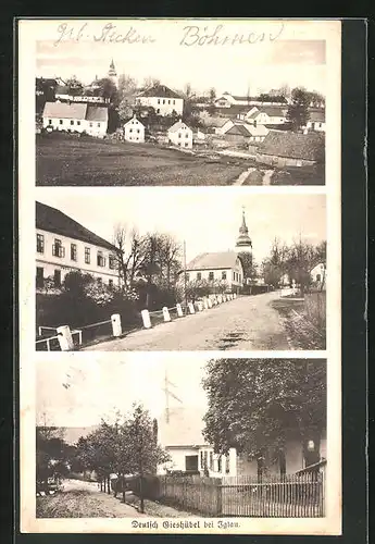 AK Deutsch Gieshübel bei Iglau, Totalansicht, Strassenpartie, Kostel