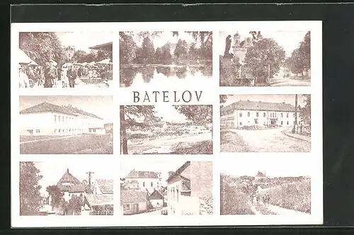 AK Batelov, Gebäudeanicht, Uferpartie, Ortspartie