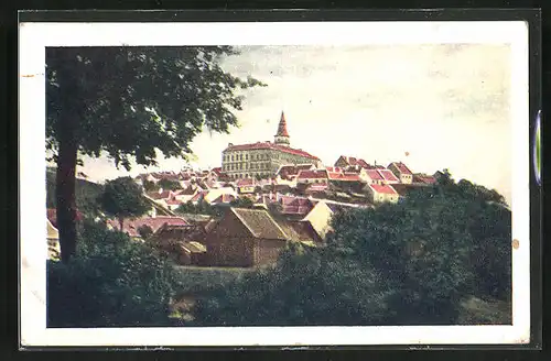 AK Jemnice, Blick über Dächer der Stadt zum Schloss