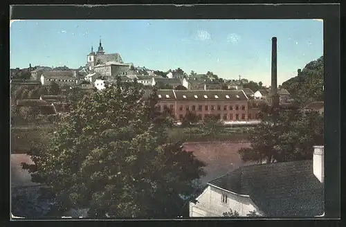 AK Iglau, Fabrik mit Kirche im Hintergrund