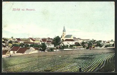 AK Zdár na Morave, Stadt vom Feld aus gesehen