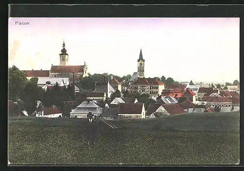 AK Pacov, Ortsansicht mit Kirche