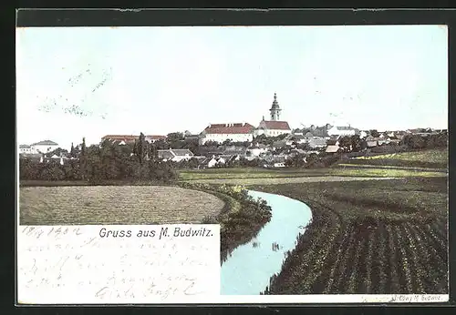 AK M. Budwitz, Panorama vom Ort mit Feldern