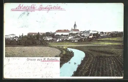 AK Mähr. Budwitz, Totalansicht vom Ort mit Kirche