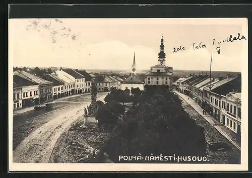 AK Polná, Namesti-Husouo, Platz aus der Vogelschau