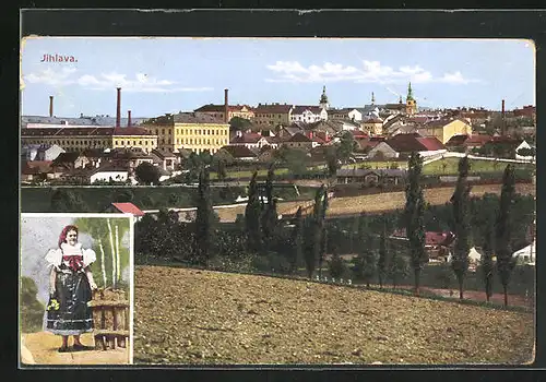 AK Jihlava, Gesamtansicht vom Ort, Frau in Tracht