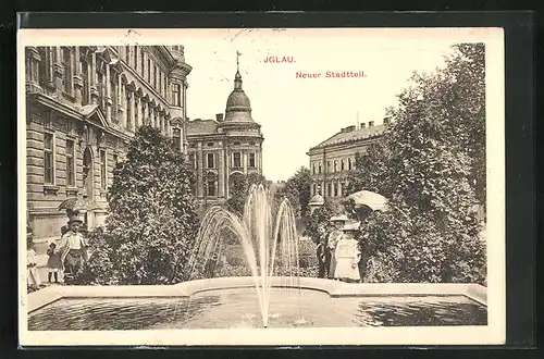 AK Iglau, Neuer Stadtteil mit Brunnen