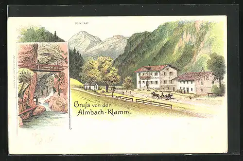 Lithographie Marktschellenberg, Gasthaus Almbach-Klamm, Hoher Göll