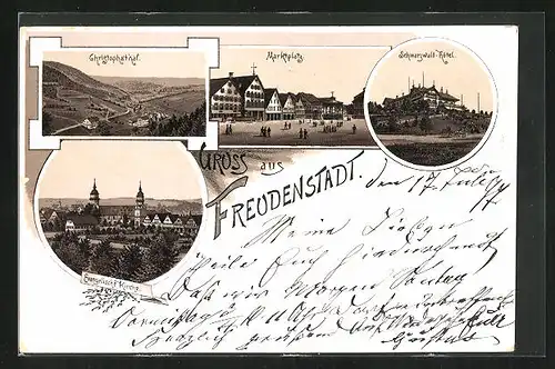 Lithographie Freudenstadt, Schwarzwald Hotel, Marktplatz, Evangelische Kirche