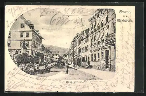 AK Bleicherode, Hauptstrasse mit Statue