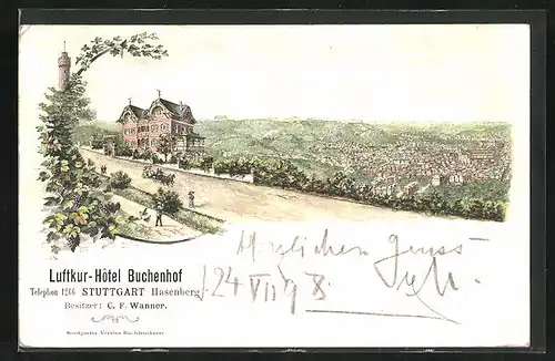 Lithographie Stuttgart, Luftkur-Hotel Buchenhof am Rande der Stadt