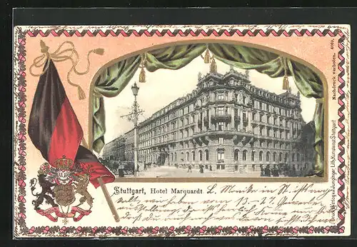 Passepartout-Lithographie Stuttgart, Hotel Marquardt, Wappen und Fahne