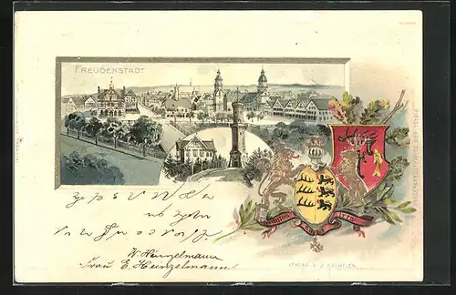 Passepartout-Lithographie Freudenstadt, Gasthaus Friedrichshöhe, Teilansicht der Stadt, Wappen