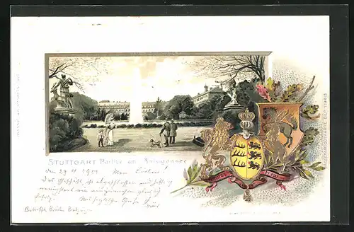 Passepartout-Lithographie Stuttgart, Partie am Anlagensee, Wappen