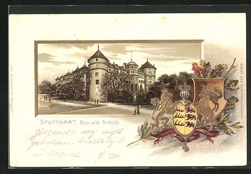 Passepartout-Lithographie Stuttgart, Das alte Schloss, Wappen