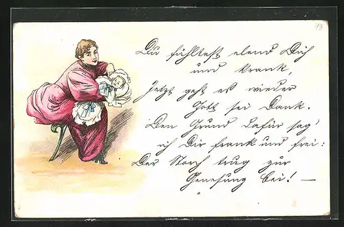 Vorläufer-Lithographie Junge Mutter präsentiert stolz ihr Neugeborenes, 1893, Mutterglück