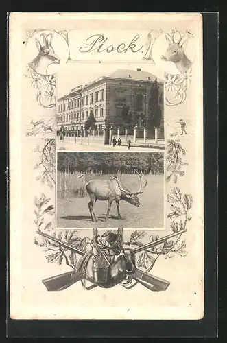 AK Pisek, Grosses Gebäude, Hirsch, Rahmen mit Jagdmotiven