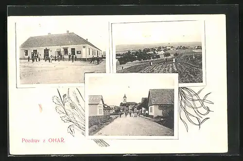 AK Ohare, Gasthaus, Strassenpartie mit Kirche, Totalansicht