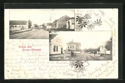 AK Gross-Wossek, Strassenpartie mit Gasthaus, Strassenpartie