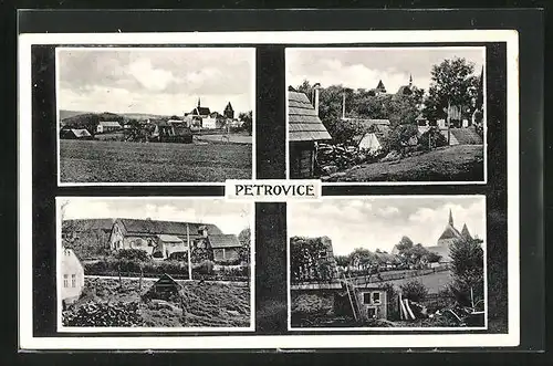 AK Petrovice, Ortspartie mit Kirche, Totalansicht