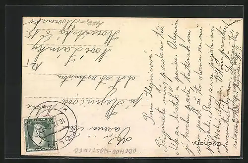 AK Býchory, Strassenpartie mit Gebäuden