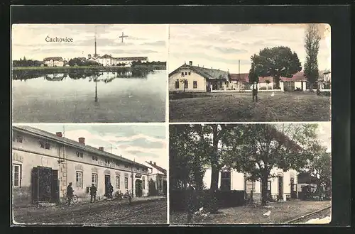 AK Cachovice, Hostinec, Panorama, Strassenpartie