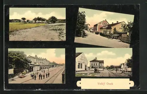 AK Velký Osek, Hostinec, Strassenpartie, Bahnhof