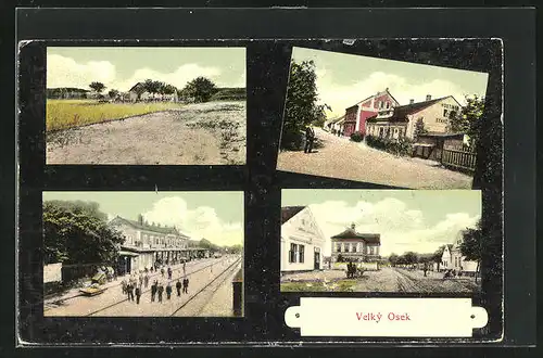AK Velký Osek, Hostinec, Strassenpartie, Bahnhof