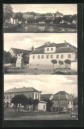 AK Predmerice n. Jizerou, Gebäudeansicht mit Denkmal, Ortspartie mit Teich