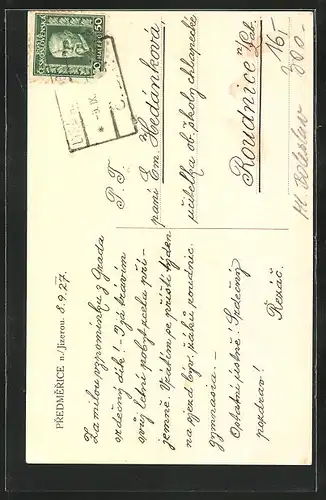 AK Predmerice n. Jizerou, Gebäudeansicht mit Denkmal, Ortspartie mit Teich