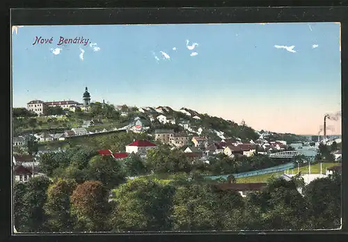 AK Nové Benátky, Panoramablick auf den Ort, Celkovy pohled