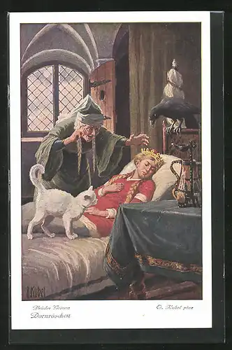 Künstler-AK Otto Kubel: Dornröschen, Die Prinzessin wollte auch spinnen..., Märchen