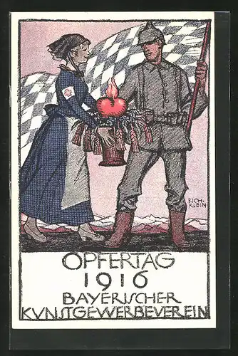 Künstler-AK Richard Klein: Soldat und Schwester des Roten Kreuzes, Opfertag 1916, Bayerischer Kunstgewerbeverein