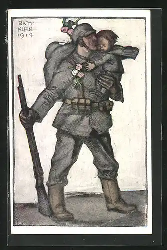 Künstler-AK Richard Klein: Soldat mit kleinem Kind auf dem Arm, 1914