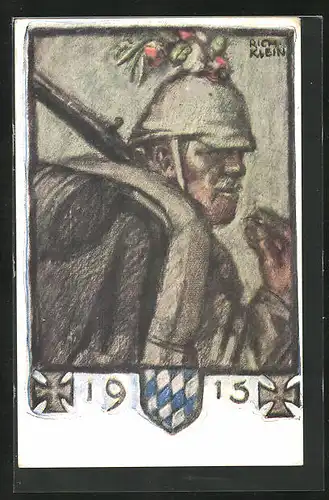 Künstler-AK Richard Klein: Soldat mit Helm und Gewehr, 1915