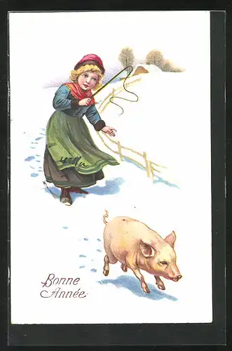 AK Frau mit Peitsche und Schwein im Schnee, Neujahrsgruss