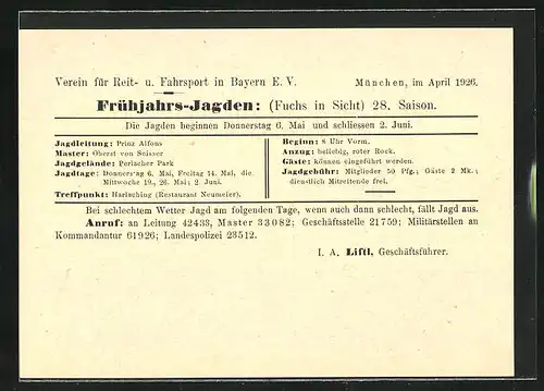 AK München, Jagdeinladung 1926, Verein f. Reit- u. Fahrsport in Bayern e.V., Jagdleitung: Prinz Alfons