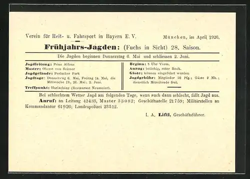 AK München, Jagdeinladung 1926, Verein f. Reit- u. Fahrsport in Bayern e.V., Jagdleitung: Prinz Alfons