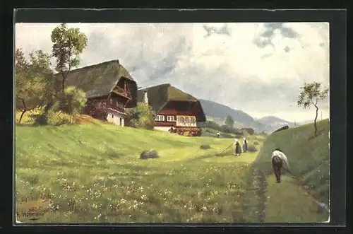 Künstler-AK Heinrich Hoffmann: Partie an der Schwarzwaldbahn mit Bauern