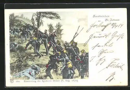 AK Saarbrücken-St. Johenn, Soldaten bei der Erstürmung der Spicherer Höhen 1870