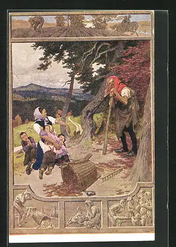 Künstler-AK Paul Hey: Rübezahl erschreckt Frau und Kinder