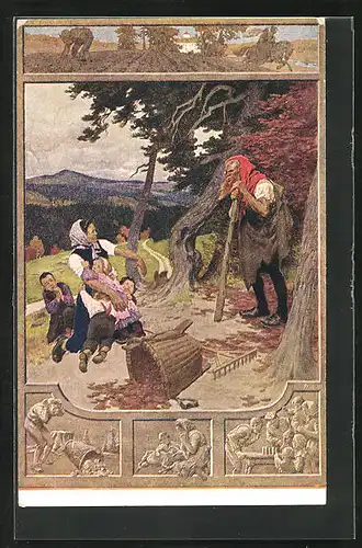 Künstler-AK Paul Hey: Wütender Rübezahl erschreckt Frau und Kinder