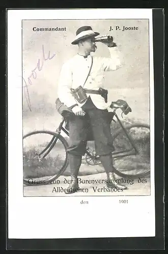 AK Burenversammlung 1901, Commandant J. P. Jooste mit Fahrrad und Fernglas